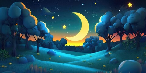 Fototapete - A night sky filled with stars and a moon in a forest depicted in 3D cartoon style