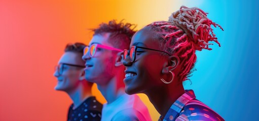 Diverse group of three smiling young adults with trendy eyeglasses in colorful gradient light