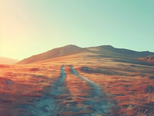 Wall Mural - A winding dirt road leads through golden grasslands in the sunset glow of a tranquil mountain landscape