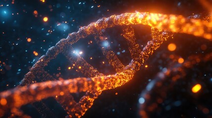 Poster - Rotation of digital DNA on an abstract backdrop featuring dynamic floating particles
