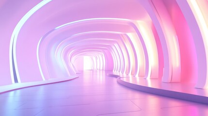 Poster - Futuristic sci fi interior featuring abstract white design with glowing neon tubes in gradient hues 3D illustration and rendering
