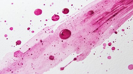 Poster - Magenta gouache paint droplets scattered across a white watercolor paper surface