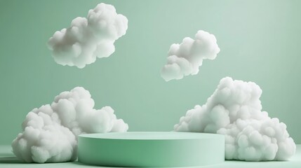 Poster - modern podium with cartoon clouds on a green background 3d rendering for product presentation a disp