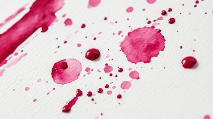 Poster - Magenta gouache paint droplets scattered across a white watercolor paper surface
