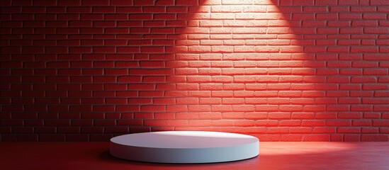 Poster - White podium illuminated by spotlight against a textured red brick wall background 3D rendering