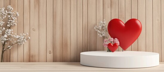 Poster - White Podium with Valentine s Day Love Theme Featuring Red Heart Against a Wooden Wall Background for Product Display and Copy Space 3D Rendering