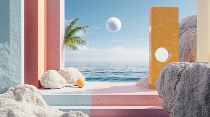 Wall Mural - Abstract summer landscape featuring geometric shapes and an ocean beach view rendered in 3D