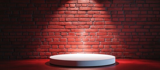 Poster - White podium illuminated by spotlight against a textured red brick wall background 3D rendering