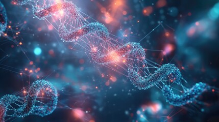 Poster - Futuristic representation of neural networks and social connections featuring abstract DNA and cellular structures against a dark backdrop 3D visualization