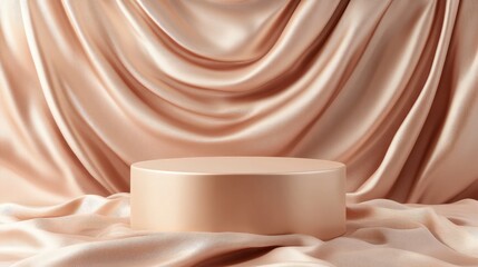 Canvas Print - Beige podium draped in swirling fabric 3D rendering platform for cosmetic products made of round materials Silk or satin texture 3D illustration