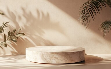 Poster - Stone display podium featuring natural leaf shadows against a brown backdrop 3D rendering