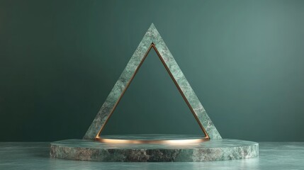 Poster - Minimalist podium design on a triangular base with a green backdrop 3D rendering