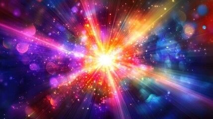 Poster - Glowing star with radiant particles and dynamic lines A vibrant abstract illustration featuring multicolored rays