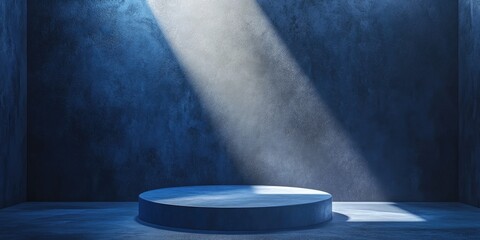 Poster - Blue pedestal podium in a spotlight within an empty room featuring an ultramarine textured wall background 3D rendering