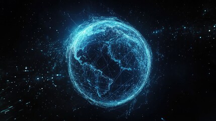 Poster - Illuminated light blue particles forming a sci fi sphere against a black background Vertical dark backdrop 8K 9 16 featuring a high tech 3D globe Digital Earth concept representing cyber technolog