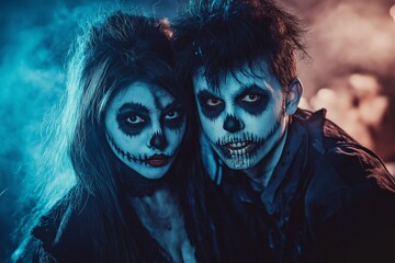 A couple with bone-chilling skeletal makeup pose closely together, bathed in eerie blue light, evoking a spine-tingling vibe.