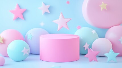 Poster - Group of decorative objects featuring a podium display stand on pastel and star themed background Ideal illustration for product presentations and backdrop designs 3D rendering