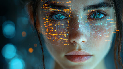 Wall Mural - Portrait of a futuristic android woman with advanced technology data overlay