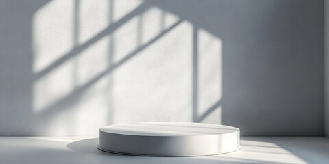 Poster - White round podium in an interior space with shadows cast from a window Realistic abstract setting for showcasing fashion items Modern minimalist 3D render