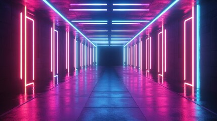 Poster - Neon glowing lines create a sci fi ambiance in a dark tunnel with reflections on the floor and ceiling featuring an empty central background in this 3D abstract futuristic rendering
