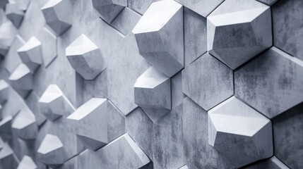 Poster - Gray abstract hexagonal backdrop features 3D rendered geometric polygons resembling a tiled wall design for an interior space