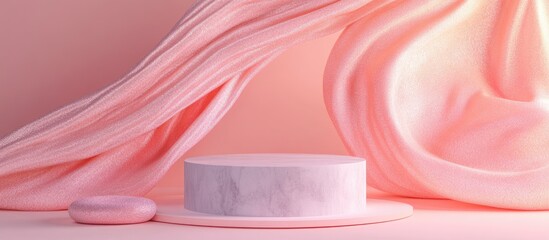 Poster - Abstract geometric composition featuring levitating silk and a podium against an abstract backdrop designed for product display 3D illustration render suitable for social media banners promotional