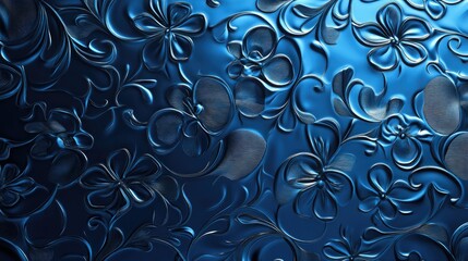 Poster - Metallic blue abstract background featuring patterns resembling flowers or symbols embossed on the surface