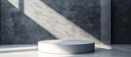 Poster - Minimalistic 3D gray and white cylindrical podium with an abstract geometric shape in a studio setting
