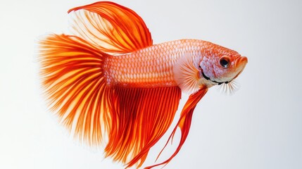Poster - A close-up of a betta fish with its tail fanned out, showing off the delicate textures and vibrant hues against a minimalist white background