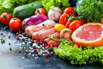 Wall Mural - A vibrant display of tomatoes, lettuce, garlic, and raw chicken against a dark background with seasoning elements.