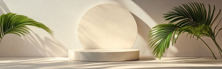 Poster - Minimalist composition featuring a round podium arch and palm leaves 3D rendering