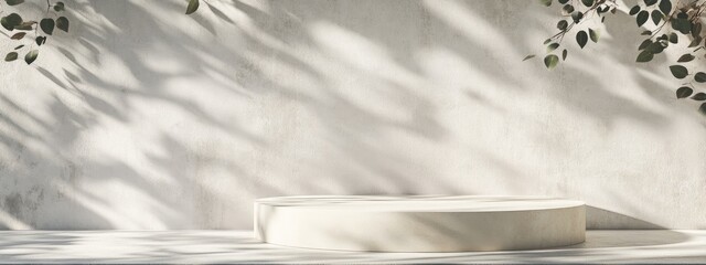 Poster - Minimal product placement with concrete background and leaf shadows on a white plaster wall 3D rendered podium stage showcase with beige display pedestal