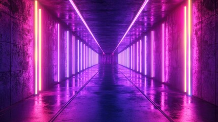 Poster - Vivid Neon Laser Cyberpunk Stage with Illuminated Tunnel Corridor in a Futuristic Dark Concrete Grunge Environment 3D Rendering Illustration