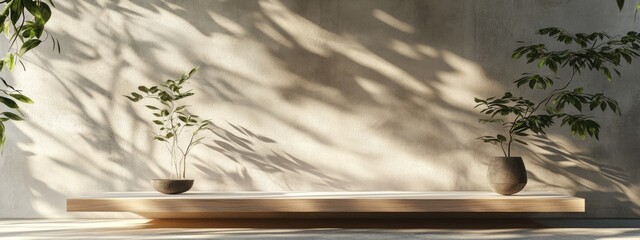 Poster - Contemporary Display Stand Featuring Sunlight and Leaf Shadows in 3D Rendering