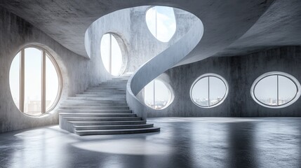 Aufkleber - Interior architectural background featuring curved stairs and round windows in an industrial style loft 3D render