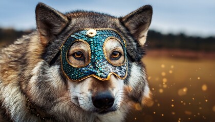 Wall Mural - Close-up portrait of a wolf with sequined mask and face paint.