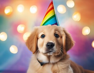 Wall Mural - Close-up portrait of Golden Retriever puppy with mischievous eyes in a rainbow party hat.