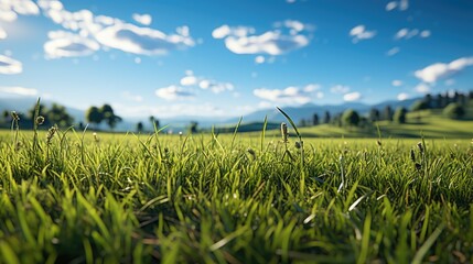 Canvas Print - Field With Green Grass and Blue Sky  