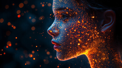 Poster - Side profile of a futuristic artificial intelligence computer head with glowing lines and data