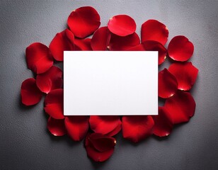 Wall Mural - Cluster of deep red rose petals surrounding a blank notecard on concrete background.