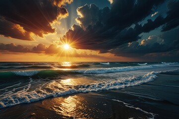 Wall Mural - A big bright sun over a stormy sea at dawn. 