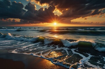 Wall Mural - A big bright sun over a stormy sea at dawn. 