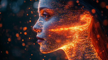 Poster - Side profile of a futuristic artificial intelligence computer head with glowing lines and data