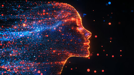 Poster - Side profile of a futuristic artificial intelligence computer head with glowing lines and data