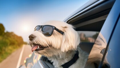 Wall Mural - Dog wearing sunglasses enjoying the ride with its head out the window.