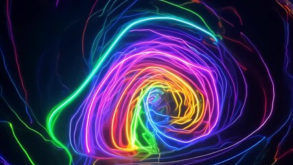 Poster - A swirling neon rainbow spiral illuminates in a dark space during a mystifying light display