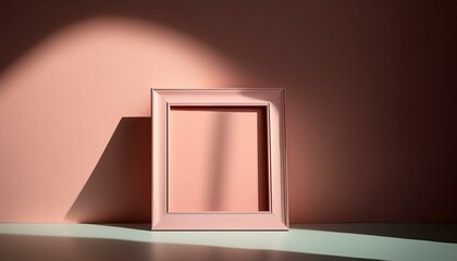 Dramatic pastel scene with spotlight on empty photo frame casting a long shadow.