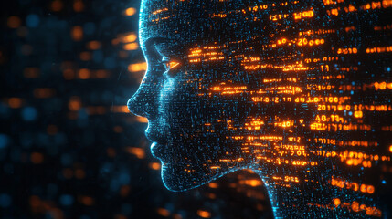 Canvas Print - Side profile of a futuristic artificial intelligence computer head with glowing lines and data