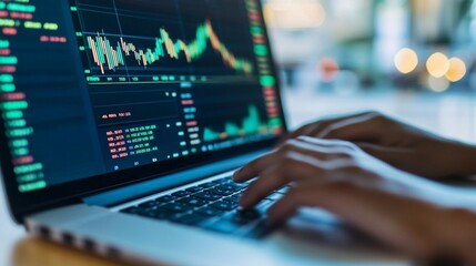 Poster - A close-up of a laptop screen showing financial market graphs and stock tickers, with a person hands typing, indicating active financial trading.