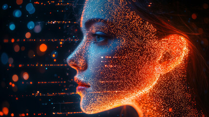 Poster - Side profile of a futuristic artificial intelligence computer head with glowing lines and data